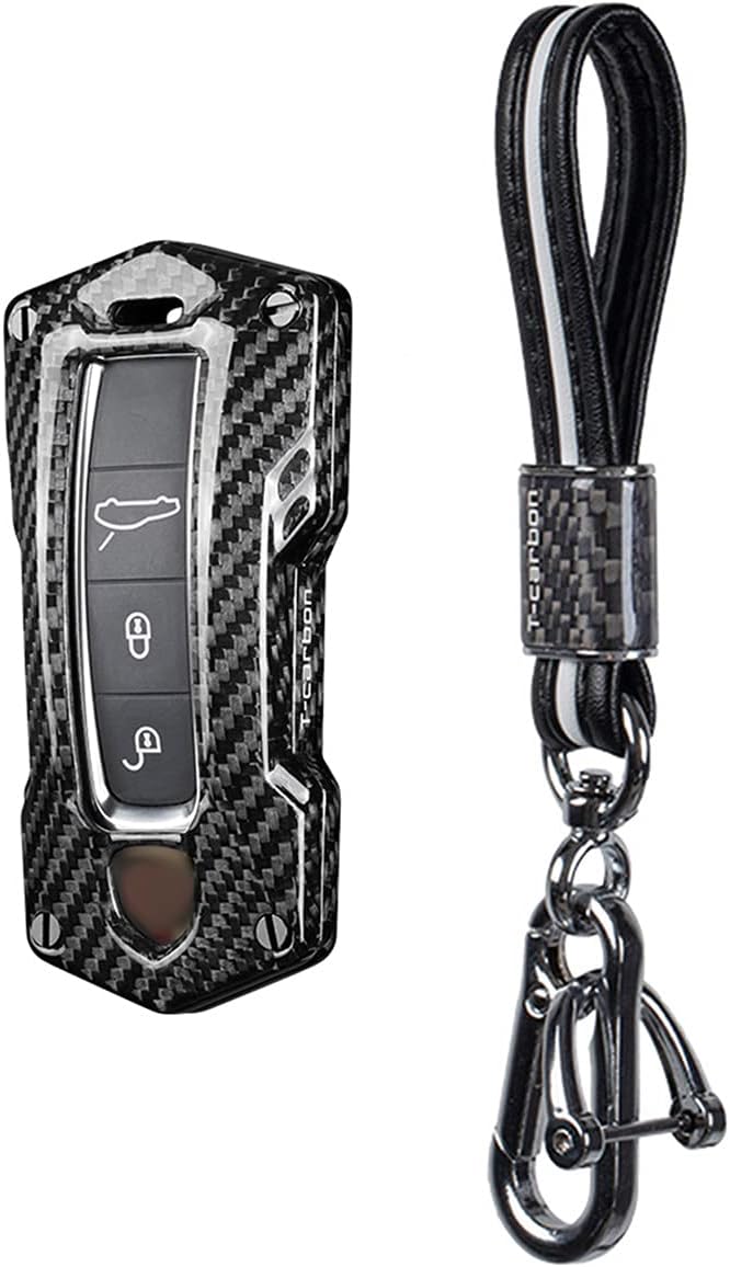 Car Key Fob Cover Case For Porsche 911 Carrera 918 Cayenne Coupe For Macan For Panamera Taycan Carbon Fiber Anti Scratch Heavy Duty Key Shell - Silver Black + Braided Keychain