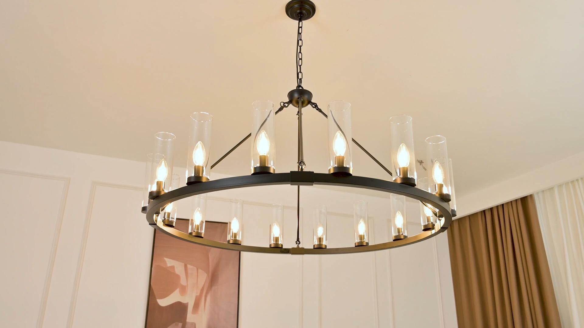 Image of 16 Light Large Wagon Wheel Chandelier with Clear Glass Shade Black Round Pendant Light Farmhouse Industrial Chandeliers Dining Room Light Fixture for Stair Living Room Foyer Kitchen