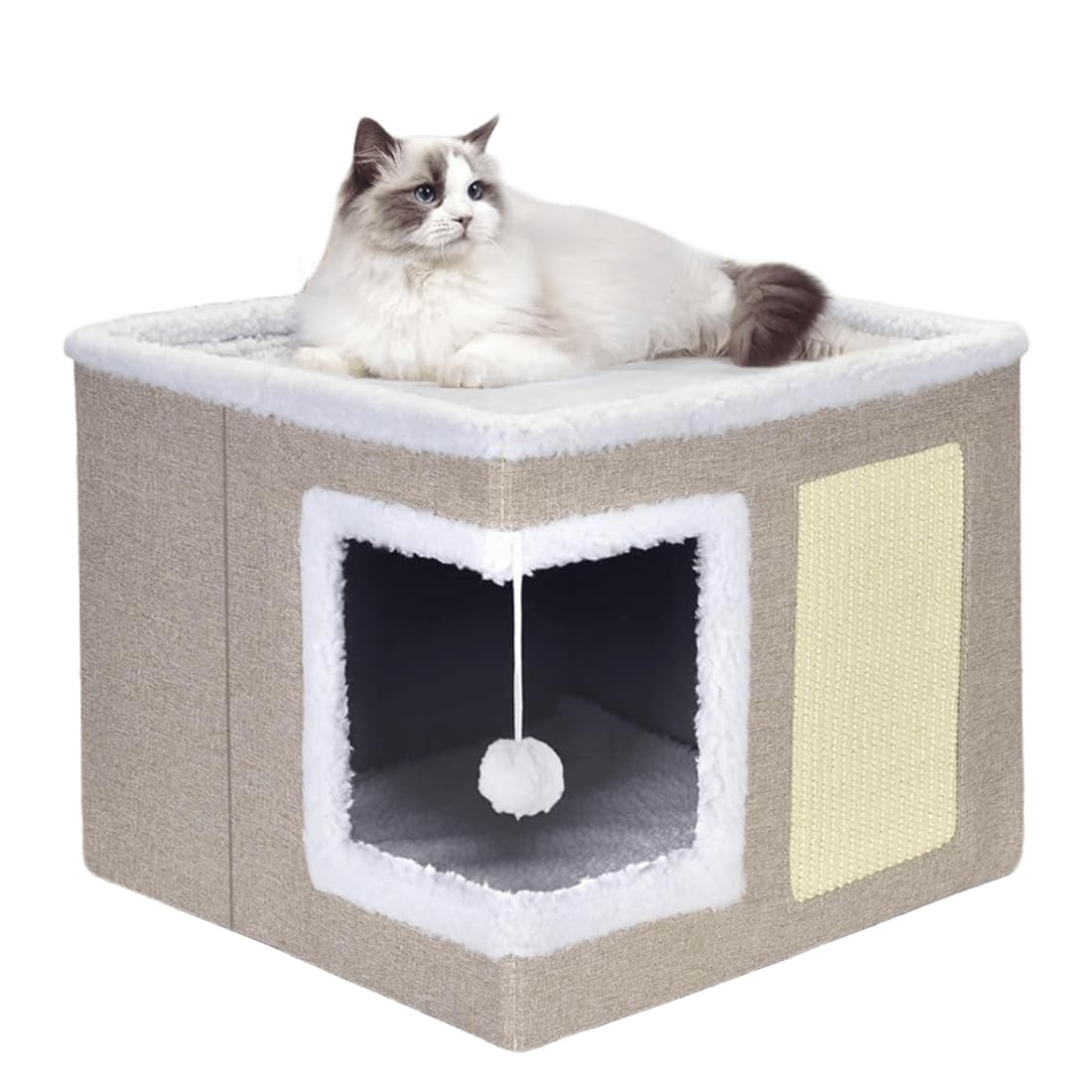 ERNAN Casa para Gatos Interior Plegable con Rascador, Cama para Diversos Estilos de Decoración del Hogar, para Pequeños Animales Interiores (Beige)