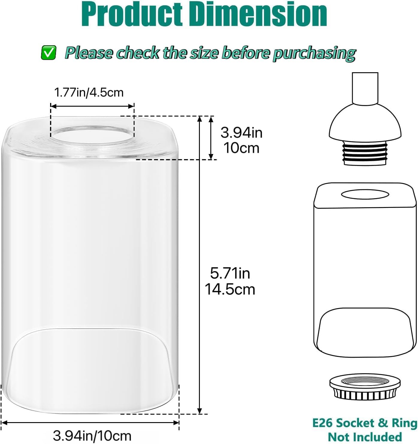 3-Pack Square Glass Shade Replacement for Light Fixtures, 5.71in Height, 3.94in Diameter, 1.77in Fitter，Clear Glass Cover Replacement for Bathroom Vanity Light, Wall Sconce, Chandelier
