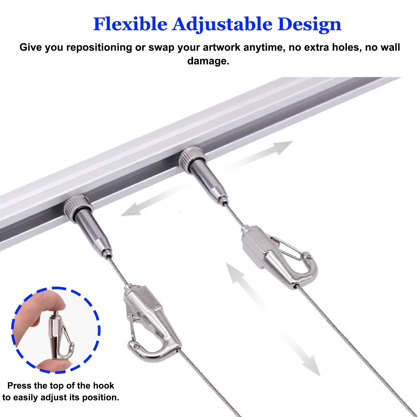 Cimaise pour Tableau Outils pour Accrocher des Tableaux de Style Galerie : Rail en Aluminium, Câble en Acier, Crochet et Embout ; Système D’accrochage Rapide et Robuste(0.6m/23" Rail,3.0m/118" Cable)