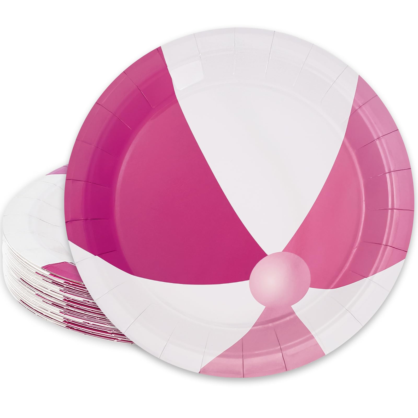 Whaline Summer Beach Ball Paper Plates Pool Party Disposable Plates Pink White Dessert Plates 9 Inch for Sport Party Supplies Table Decor, 24Pcs