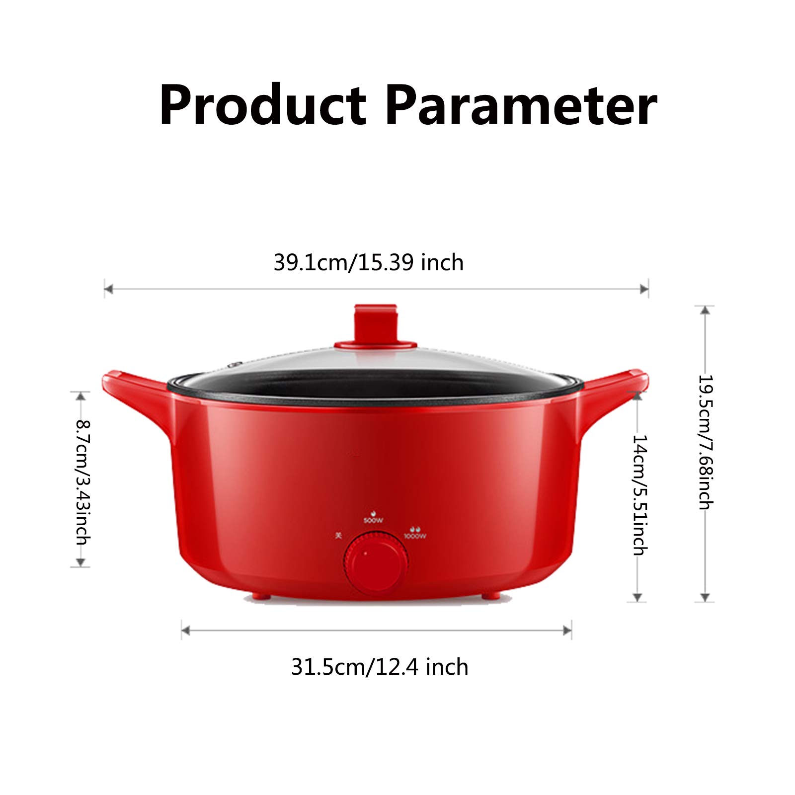 Poêle électrique antiadhésive avec Couvercle Marmite électrique 5L avec revêtement antiadhésif et poignée résistante à la Chaleur 100% sans PFOA Facile à Nettoyer 1000W Rouge