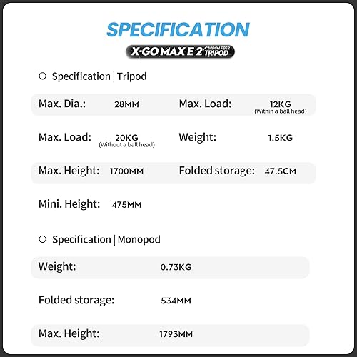 Miniatura 6 de Fotopro Trípode de fibra de carbono de 68 pulgadas para cámara, trípode de viaje ligero con cabeza de bola, monopie desmontable con placa de