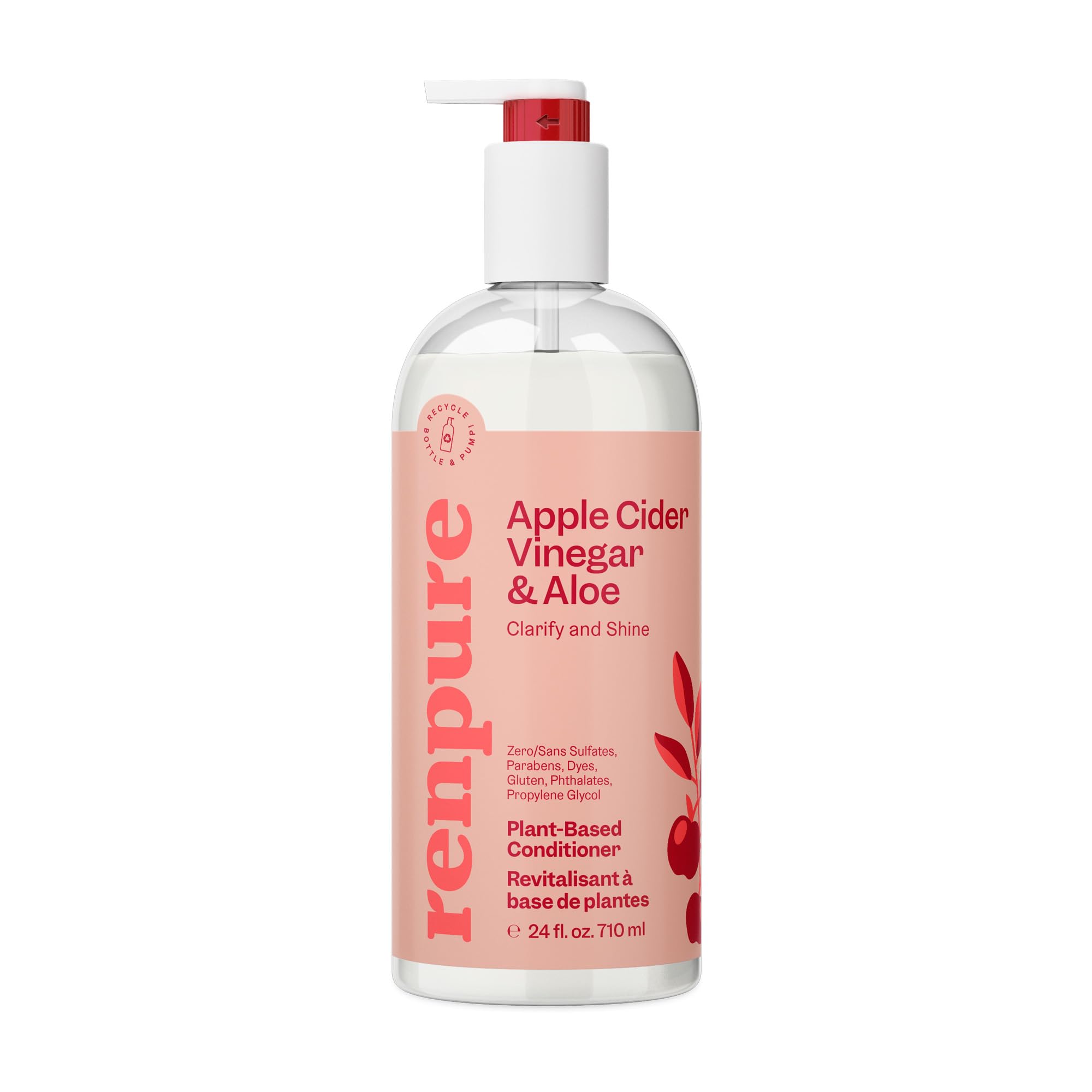 RENPURE Apple Cider Vinegar & Aloe Conditioner, Plant-Based – Clarifies, Removes Residue and Nourishes for Shiny, Healthy Hair – For Dull Hair - Apple Cider Vinegar, Aloe Leaf Juice – 24 Fl Oz