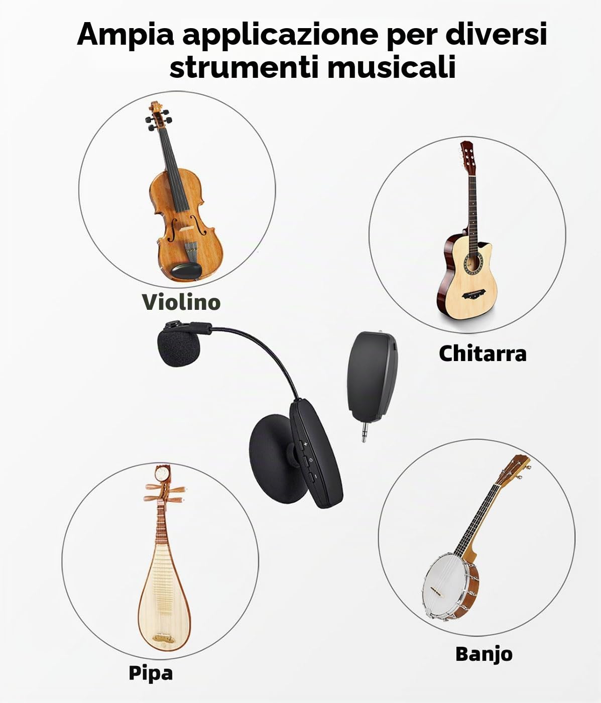 Microfono Wireless per Strumenti Musicali con Ventosa, Ricevitore e Trasmettitore Wireless, per Chitarra, Violino, Banjo e altro ancora