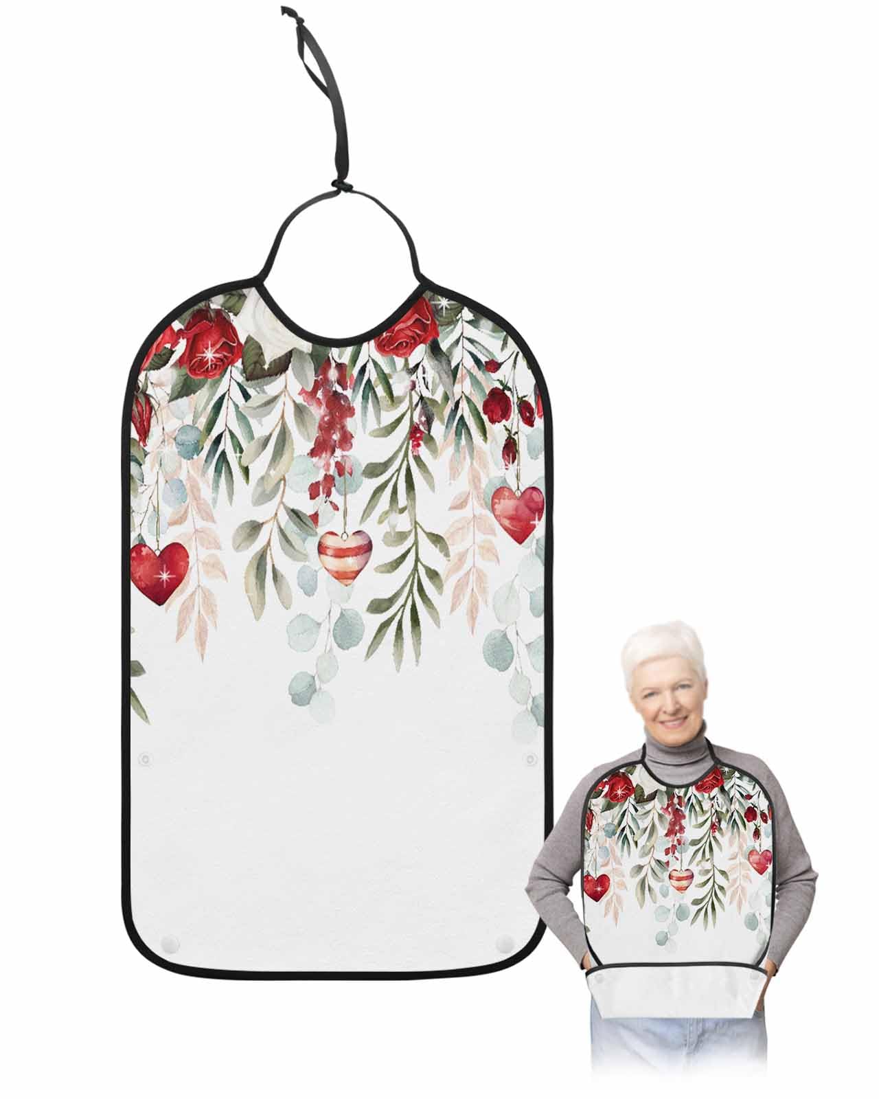 LEOKOTI Valentine's Adult Bibs for Eating, Waterproof Bibs with Food Catcher & Adjustable Snap Closure, Red Floral Eucalyptus Leaves Love Heart Washable Clothing Protectors Adult Bibs for Elderly
