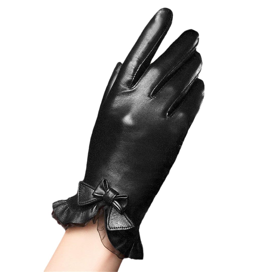 Gants En Peau De Mouton Pour Femmes, À La Mode, Avec Nœud En Dentelle, En Cuir Solide, Pour Conduite D'hiver, Garde Au Chaud