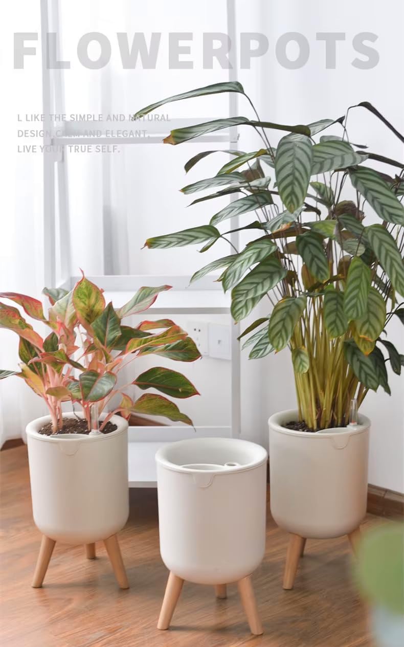 Modern self-Watering Planter with Stand Legs, White Planter Pot with Wood-Mimic Stand, Easy Lazy Care Planter, Size 13 x 8