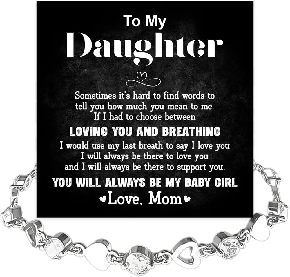 To My Daughter Bracelet, Silver Heart Chain Bracelet with Shiny Stones, Perfect Birthday or Graduation Christmas Gift for Daughter with Message Card Gift Box