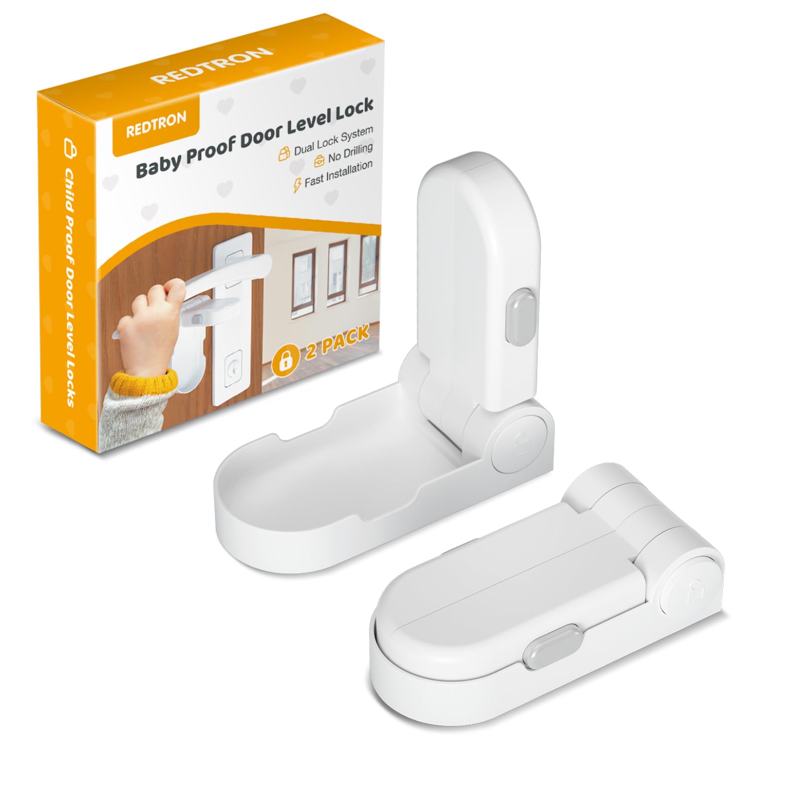 REDTRON Door Level Lock (Upgraded), 2 Pack Baby Door Safety Locks with 3M Adhesive, Childproof Door Handle Lock for Bedroom, Bathroom, Kitchen, Easy to Install, No Tools Required (White)