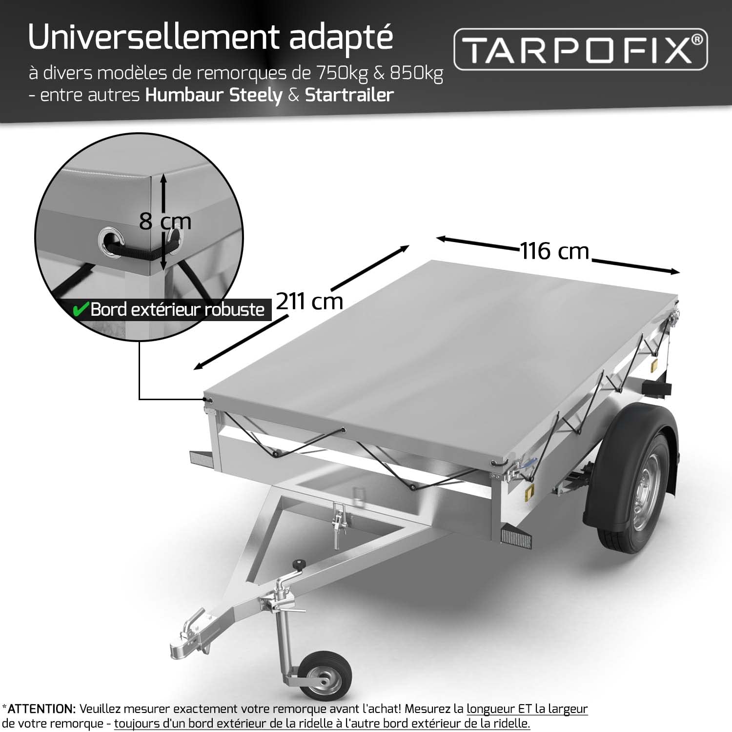 Tarpofix® Bâche Protection Plate 211 x 116 x 8 cm avec Corde de bâche - Bâche de remorque renforcée en PVC - Bache pour remorque Divers modèles de remorques de Voitures de 750kg