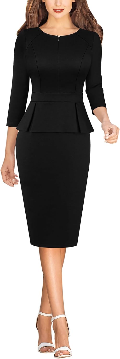 VFSHOW Womens Wear to Work Front Zipper V Neck Peplum Business Office Church Flattering Pencil Sheath Dress - Image 2