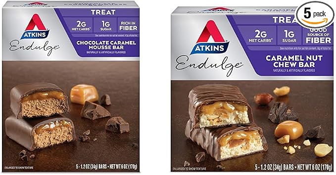 Atkins Endulge Chocolate Caramel Mousse Bar 5 Count and Caramel Nut Chew Bar 5 Count Bundle