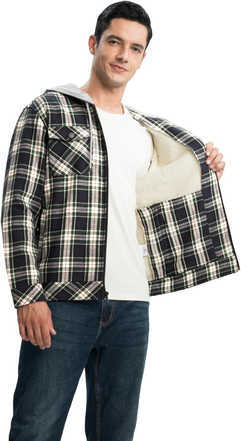 TBMPOY Men's Flannel Jacket Fleece Lined Plaid Sherpa Full Zip Winter Hoodie Warm Coat Long Sleeve Casual Zipper Pockets - Image 6