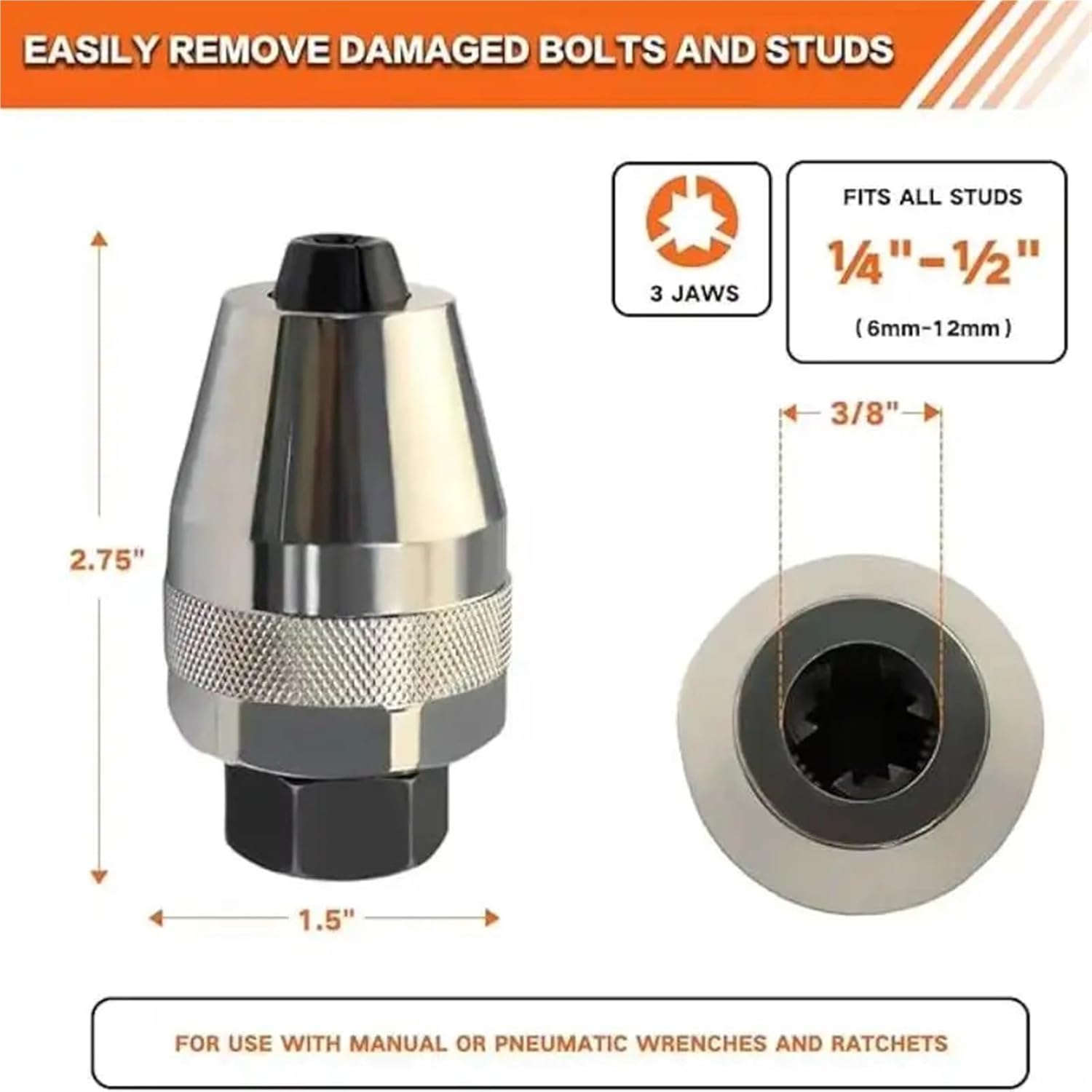 3/8" Damaged Bolt and Stud Extractor Tool 3 Jaws Bolt Extractor Screw Helper Stud Remover Auto Repair Tools
