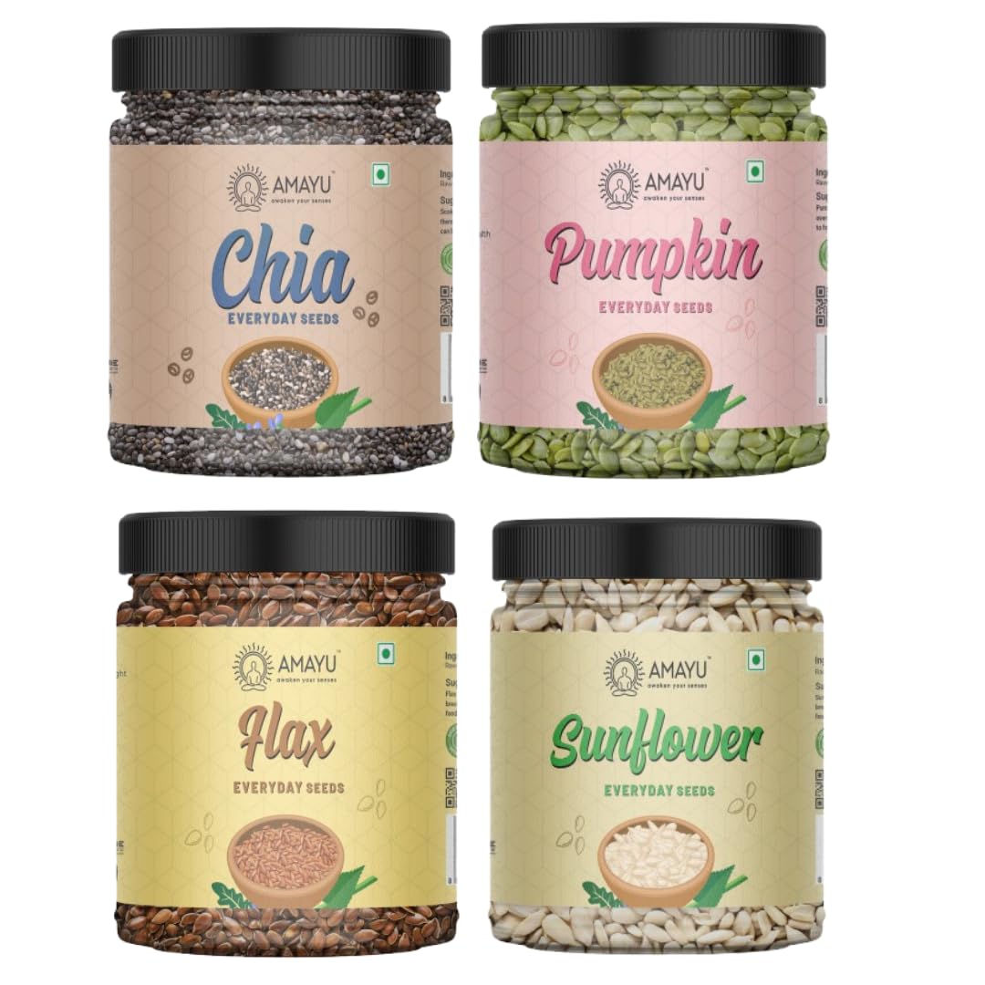 AMAYU Healthy Raw Seeds Combo Pack | Chia Seeds, Pumpkin Seeds, Flax Seeds, Sunflower Seeds (200 gm x 4) Immunity Booster | Healthy Snacks | Diet Food | seeds for Eating (Pack of 4)