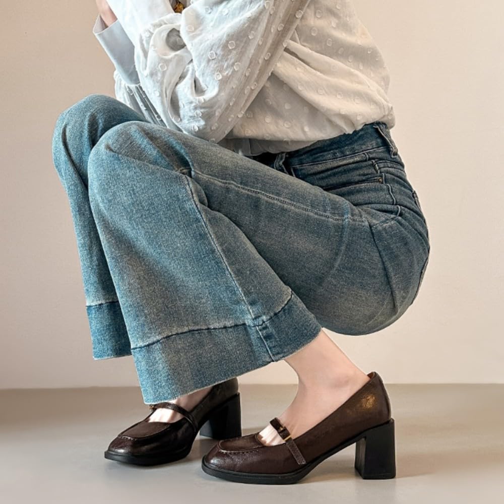 LVJMJ Mary Jane - Scarpe da donna in pelle con tacco grosso e punta quadrata, stile retrò, da ufficio, lavoro, comode, traspiranti, tacco basso da 4,5 cm