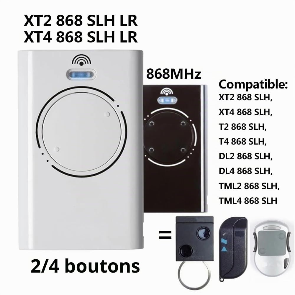 Télécommande de Garage Compatible 868 MHz, télécommande de Garage 2 canaux, ouvre-Porte de Garage avec XT2 868 SLH LR, XT4 868 SLH LR, Code Roulant, Lot de 3 pièces