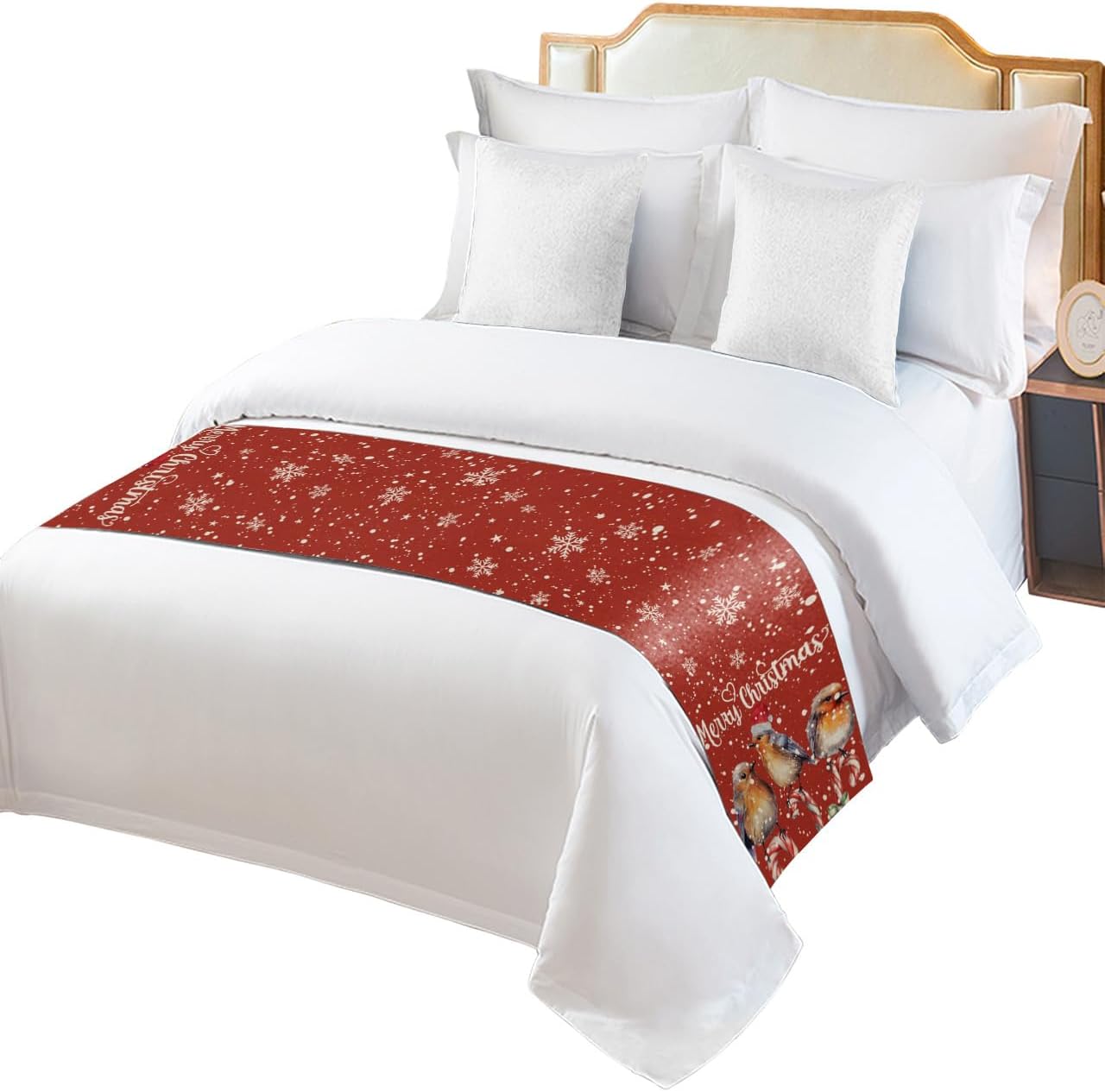 Teamery Bed Runner Scarf for Bed Foot Decor, Christmas Snowflake Bird Red Bed Flags Bed Scarves, Bedding Scarf Protector for Home Bedroom/Hotel/Wedding, 83"x20" for Queen Bed