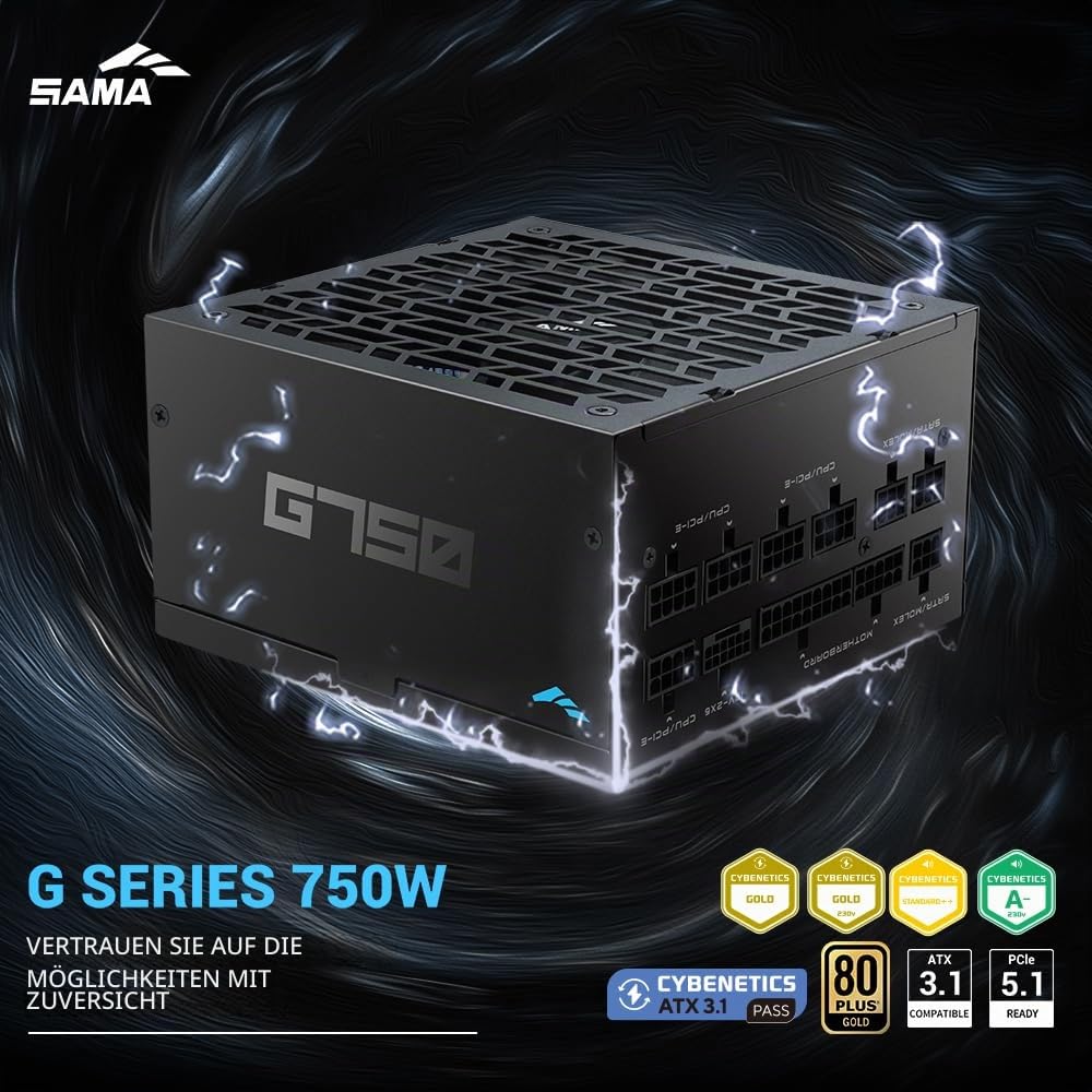 SAMA G750 750W 80+ Gold Netzteil, ATX 3.1, PCIe 5.1, vollmodular - Schwarz | 80 Plus Gold zertifiziert, Cybenetics zertifiziert und japanische Kondensatoren, 140mm FDB Silent-Lüfter