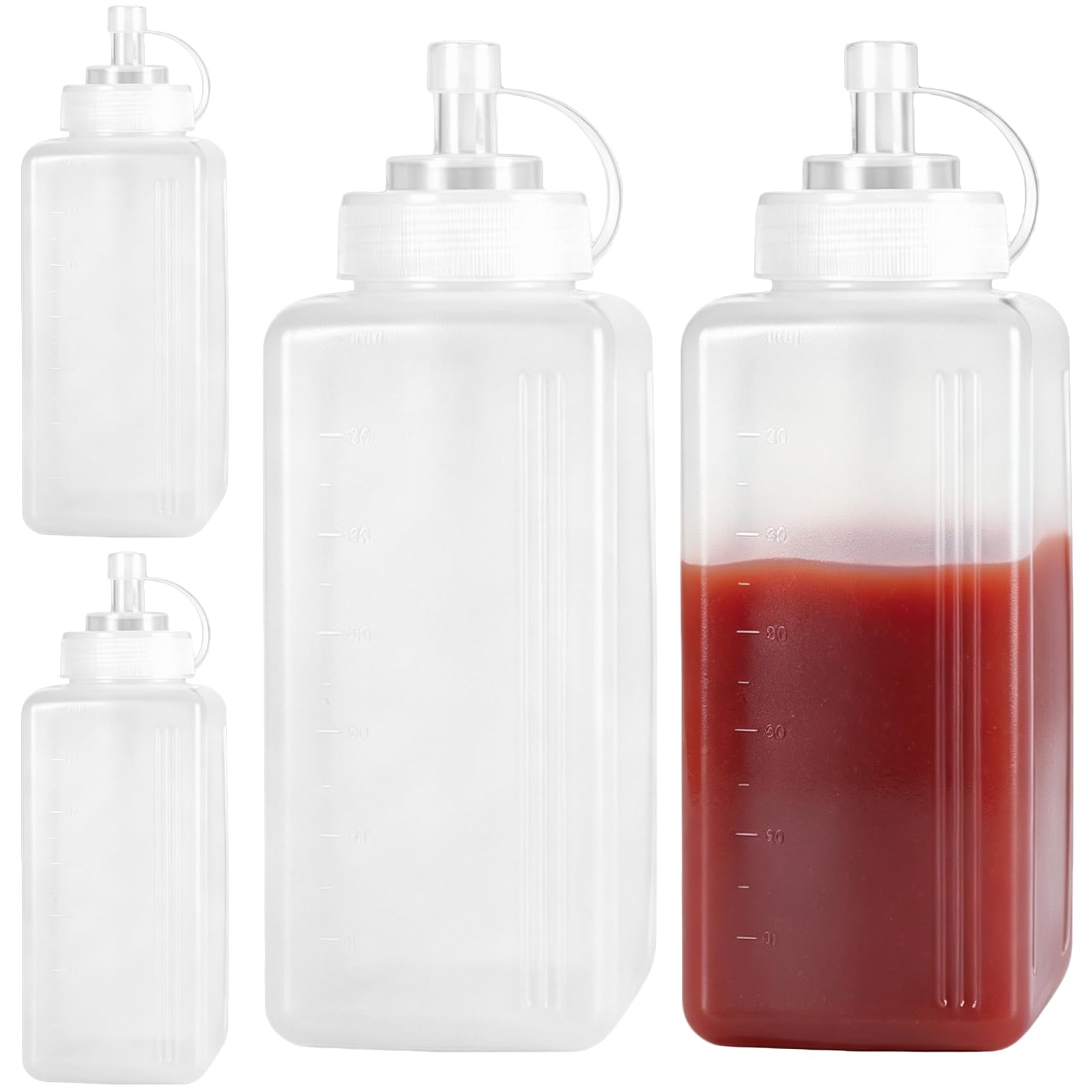 Lot de 4 flacons souples à condiment, 800 mL, plastique transparent épais, grande ouverture, bec verseur fin avec couvercle, pour maison et cuisine, sauce, sirop, ketchup, miel, huile, peinture