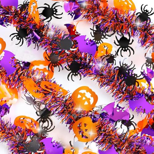 Image of 66 Ft Halloween Tinsel Garland with Orange Pumpkin Black Spider Purple Bat Glitter Tinsel Garland for Home Tree Ornaments Indoor Outdoor Party Halloween Decorations