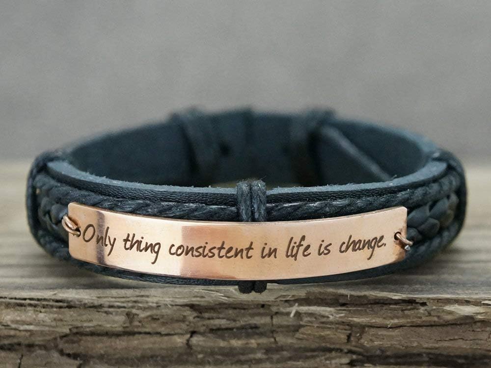 Personalized Leather Bracelet for Men, Stainless Steel Black Cuff, Inspirational Quote Engraved, Gift for Him