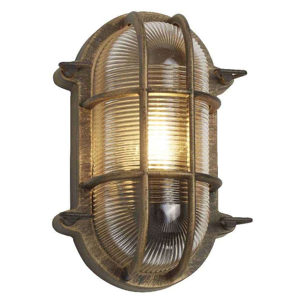 Britalia Antique Gold Brass & Ribbed Glass Outdoor Vintage Oval Flush Bulkhead Wall Light | 248mm Length | IP44 Rated | 1 x ES E27 Lamp Bulb Required | Bathroom Use | UK Approved