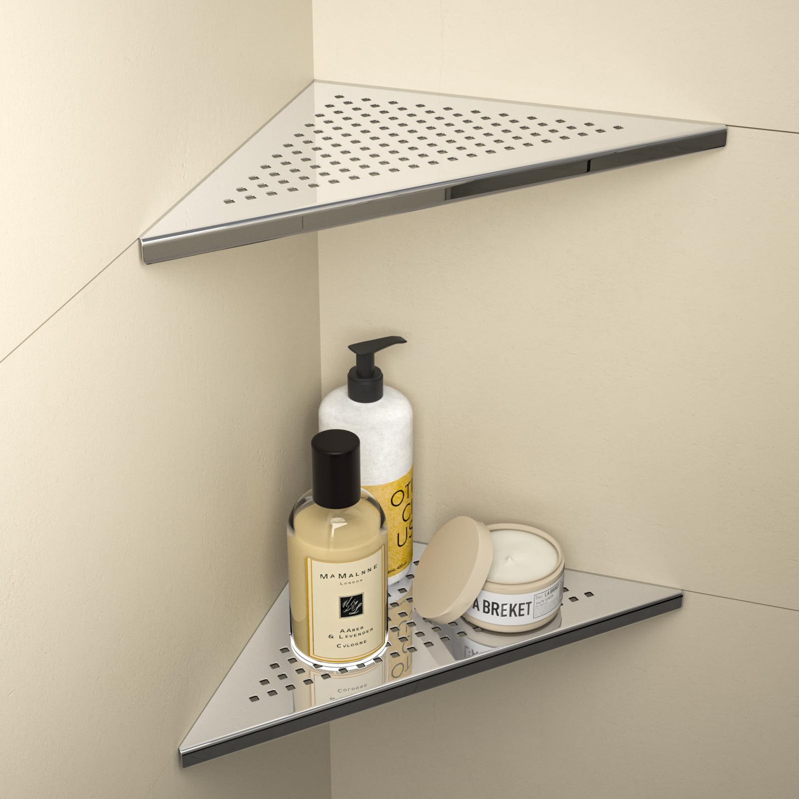 Bernkot Corner Shower Shelf 304 Stainless Steel, Recessed Corner Shelves Slot Design, 10" Triangular Corner Shelf 1.5mm Thickness Bathroom Shelf for Tiled Wall, No Drilling, Polished, 2 Pack