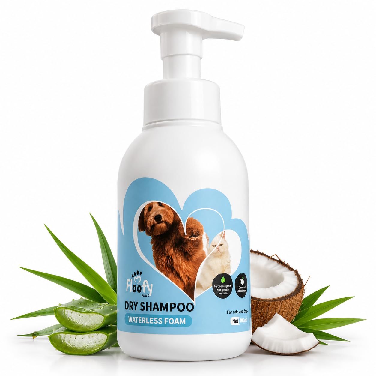Floofy Paws Waterless Foam Dry Shampoo for Dogs & Cats – 400ml No Rinse Pet Shampoo with Aloe Vera, Coconut Oil & Vitamin E – Cleans, Deodorises & Moisturises Coat – Plant-Based Grooming Foam