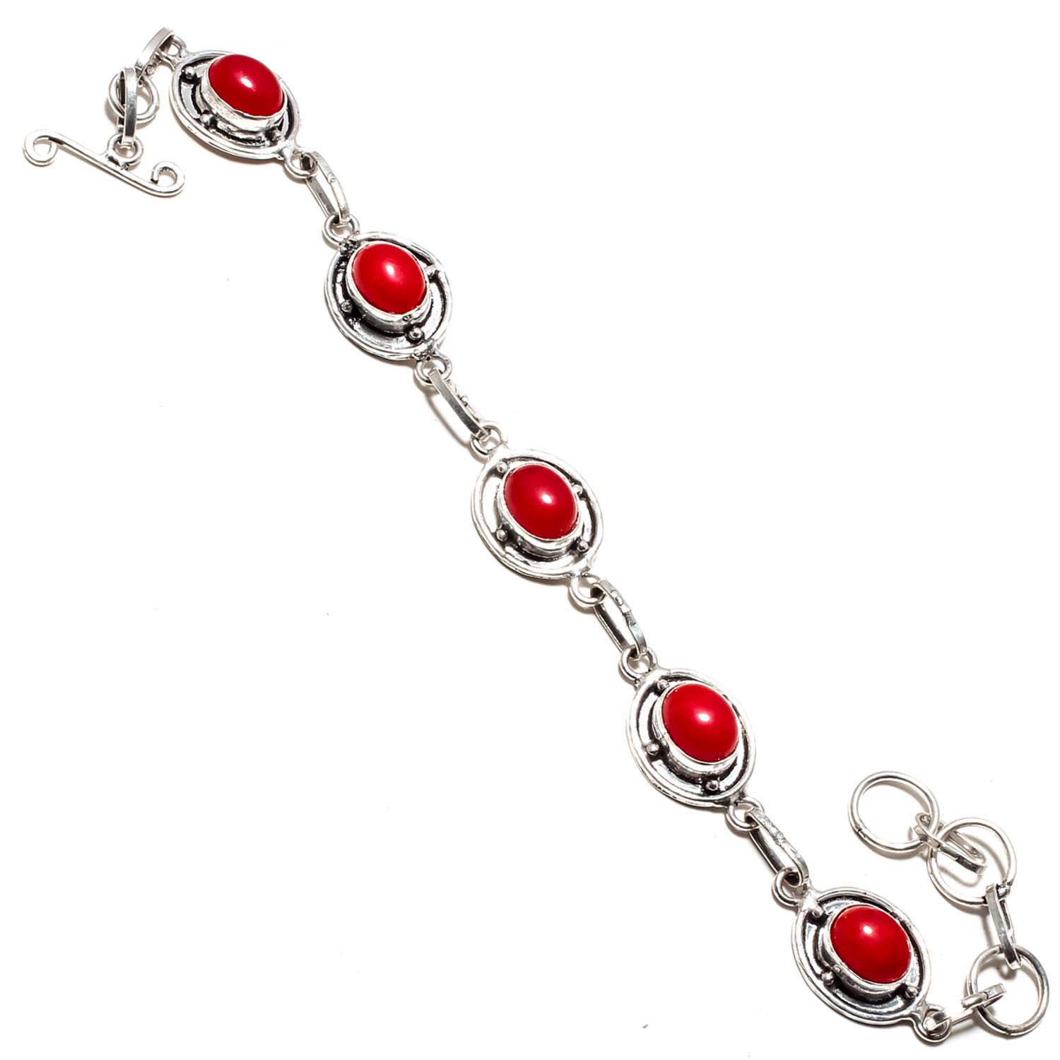 jewels paradiseAmazing Red Coral Gemstone Bracelet Handmade 925 Sterling Silver Plated Jewelry -Adjustable and Flexible Length-Link Chain Bracelet - (SF-1272)