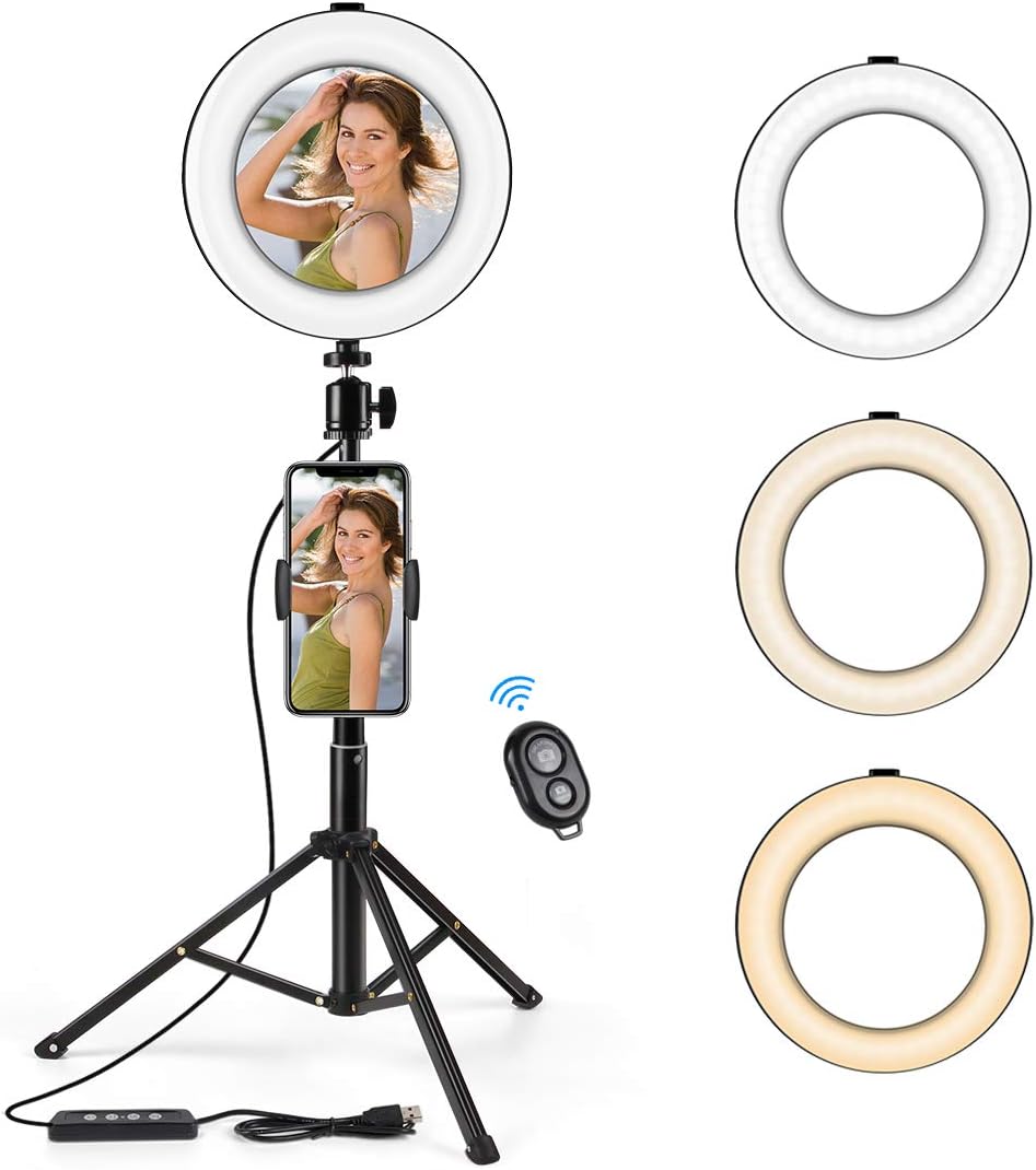 KinCam 8" LED Selfie Ring Light with Mirror Tripod Stand Phone Holder for Live Stream YouTube & Makeup Vlog TikTok,3 Modes Light & 10 Brightness Level Circle Light with Remote Control