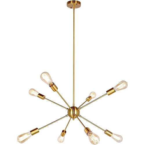 JHLBYL Sputnik Chandeliers 8-Light Modern Pendant Lighting Brass Industrial Vintage Ceiling Light Fixture for Kitchen Dining Room Living Room