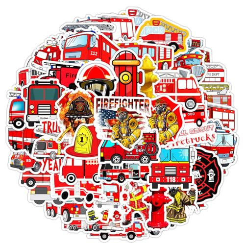 50Pcs Firetruck Stickers Firefighter Stickers for Kids Cute Fireman Sticker Waterproof for Water Bottles Skateboard Bike Phone Case Laptop Suitcase Cool Gifts for Kids Boys (Fire Truck)