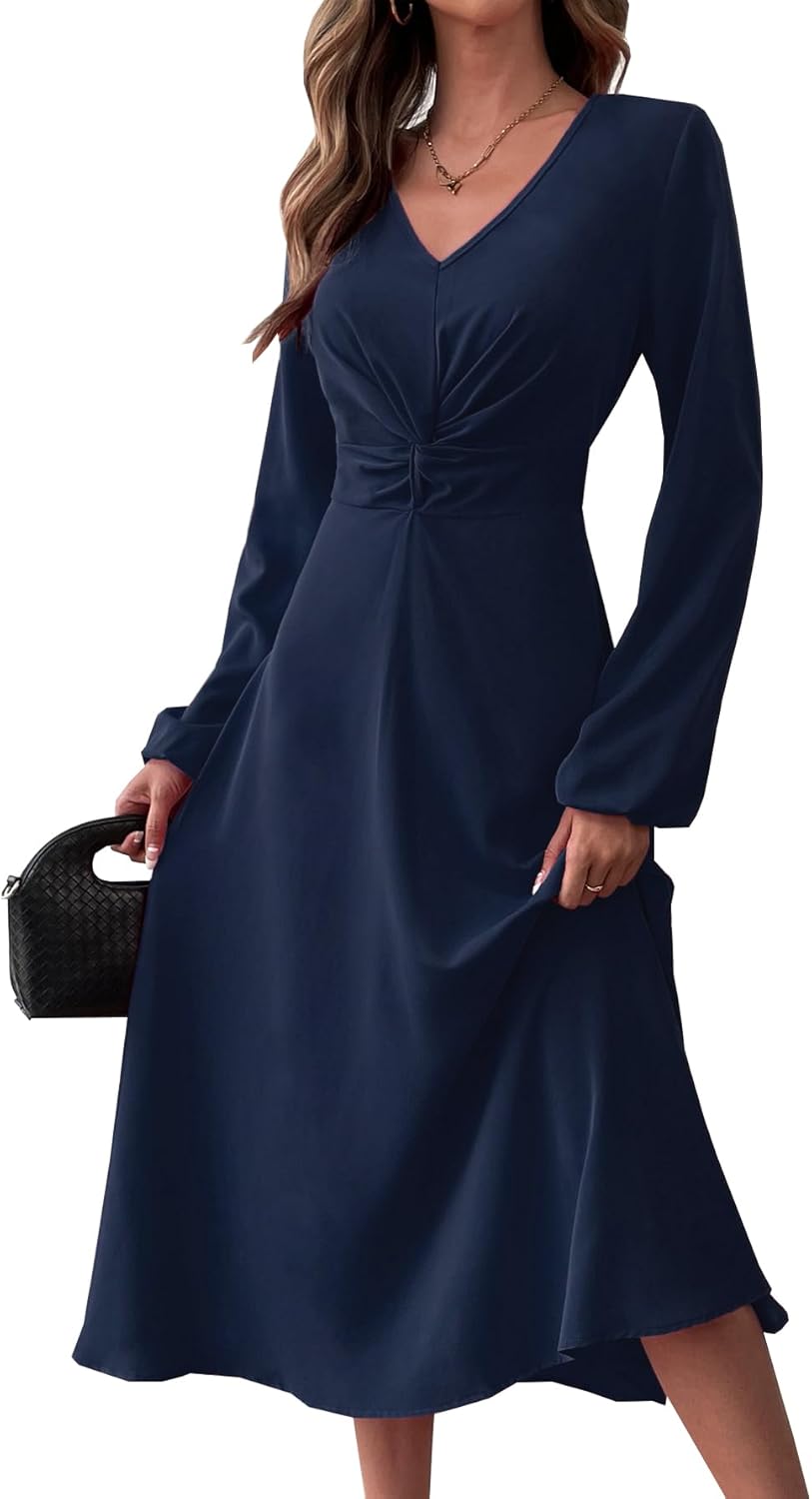 LalaLin Long Sleeve Wedding Guest Dress for Women V-Neck Cocktail Church Maxi Dresses - Image 4