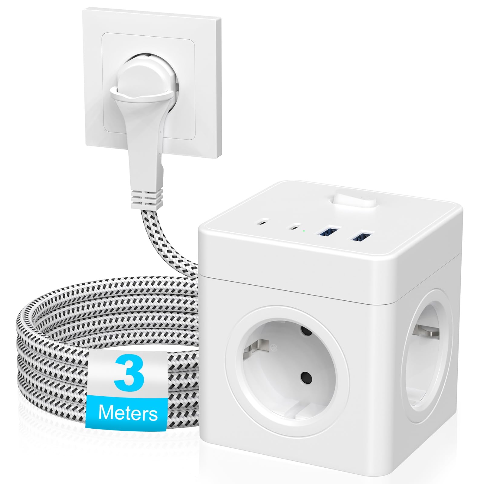 Steckdosenwürfel, Steckdosenleiste mit 4 USB, Mehrfachsteckdose mit 2 USB C, Steckerleiste mit Schalter, 4-Fach Power Strip, Mehrfachsteckdosen mit Flachstecker - 3M Kabel - Weiß