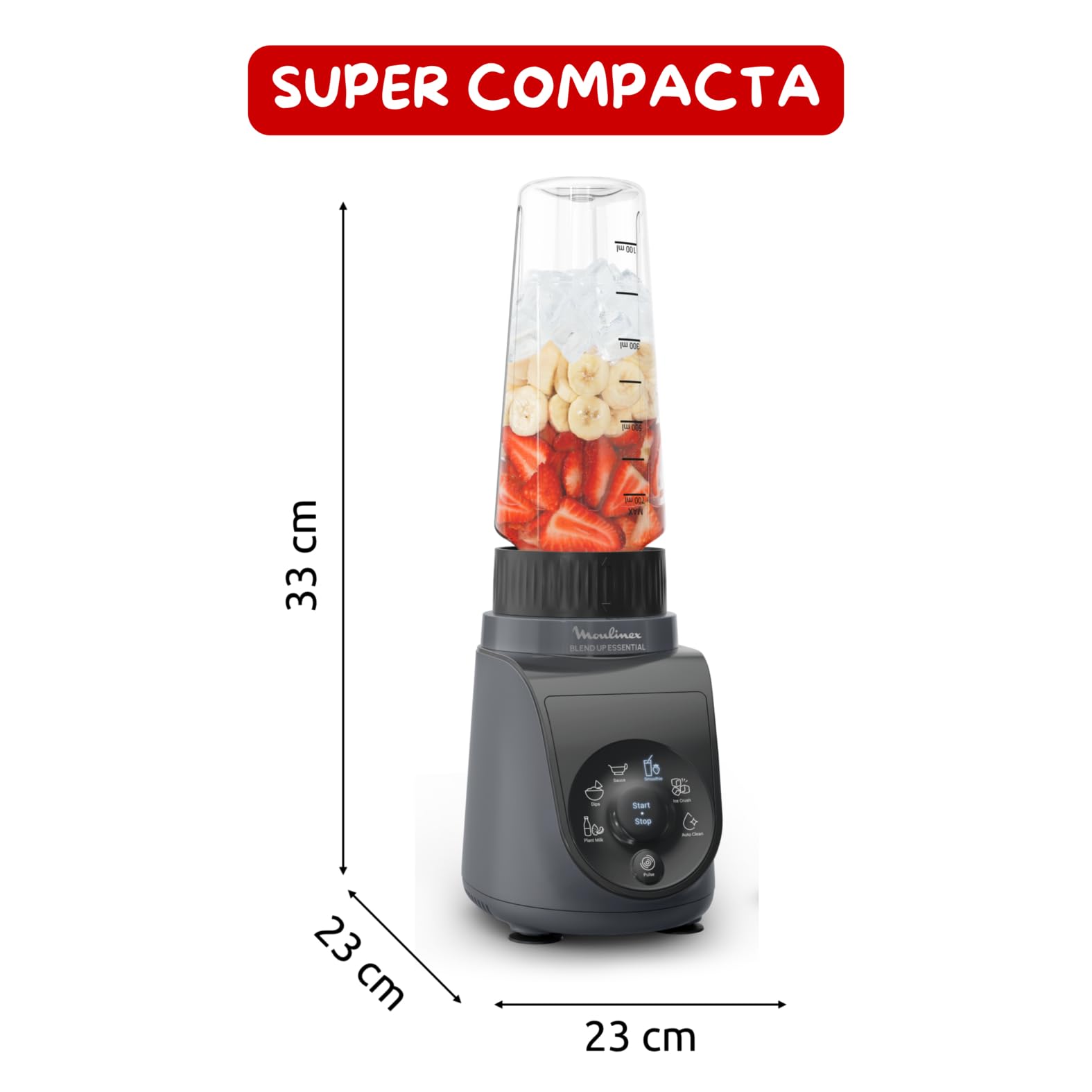 Moulinex Blend Up Essential, Batidora de vaso, 800 W, 6 Programas automáticos, 2 Botellas con tapa para llevar, Cuchillas Powelix, Color Gris, LM1EHBF0