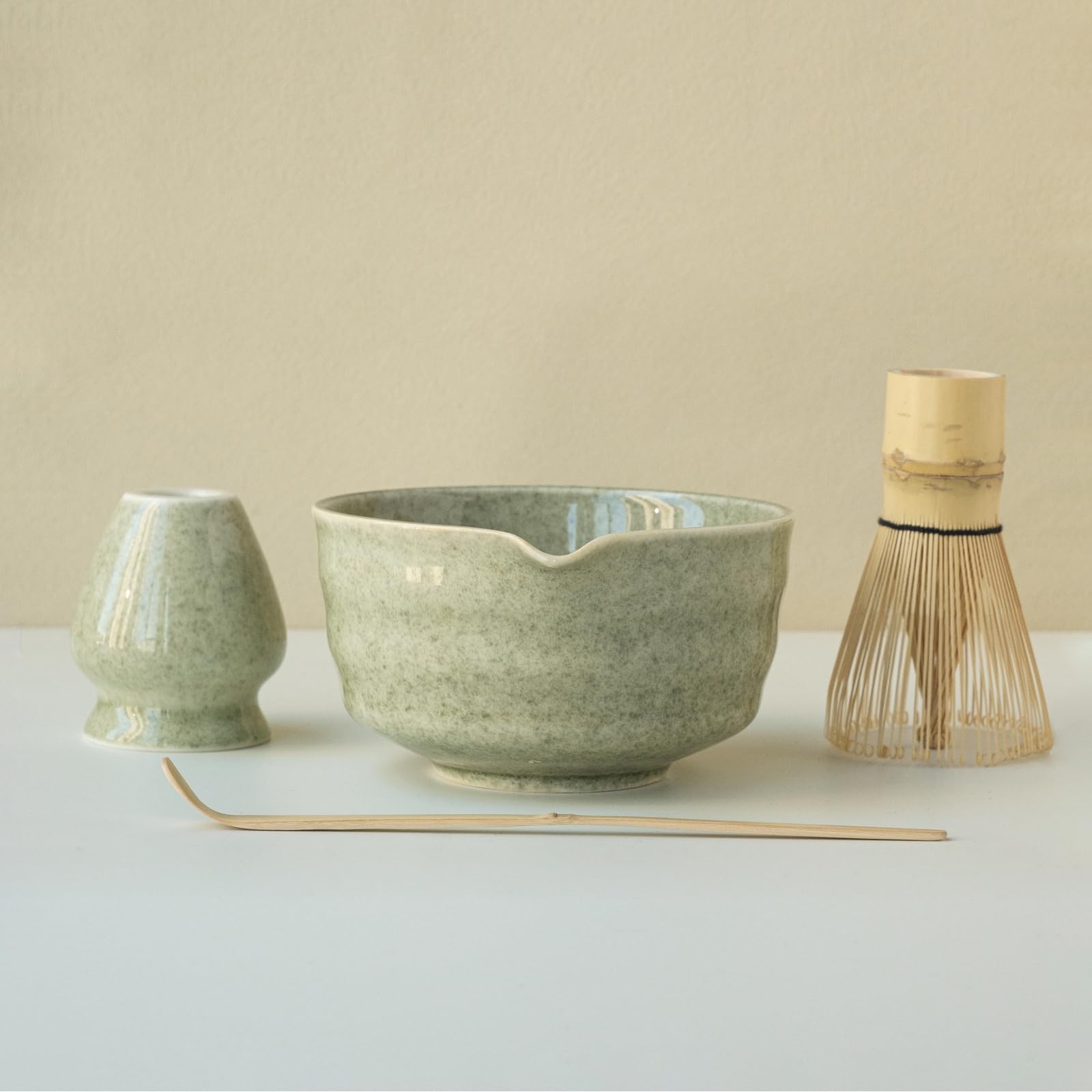 LezayXtra Matcha Set – Glossy Speckled Glaze Ceramic Matcha Whisk Set, Easy to Clean & Pour, Complete Matcha Bowl Kit of 4, 17oz, Polished Olive (Polished Olive)