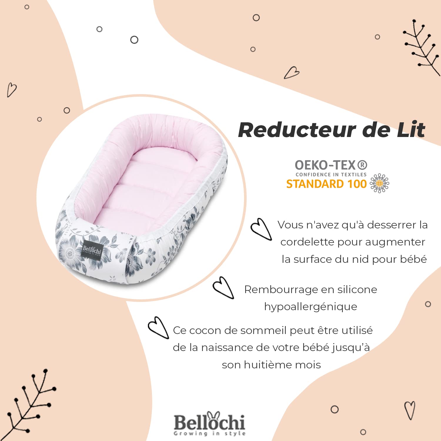 Bellochi Growing in style Gniazdko dla niemowląt klasy premium, dla noworodka, 90 x 60 x 12 cm, 100% bawełna, gniazdo dla niemowląt, dla chłopca, dla dziewczynki, akcesoria dla niemowląt - Copse