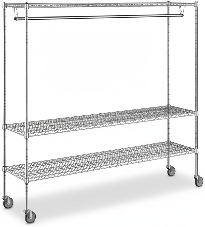 18" x 72" x 70" NSF Chrome Clothes Rack with Wheels, Heavy Duty Garment and Coat Shelf Organizer