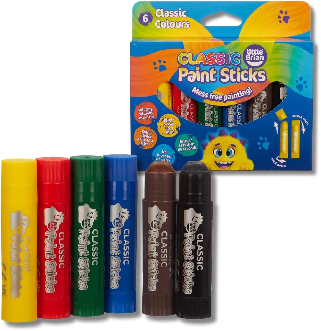 Little Brian Paint Sticks for Kids - 6 Pack Assorted Colours - Mess-Free, Easy Clean Up, Fast Drying Action, Vibrant Colours, Multi-Surface, Twist & Paint