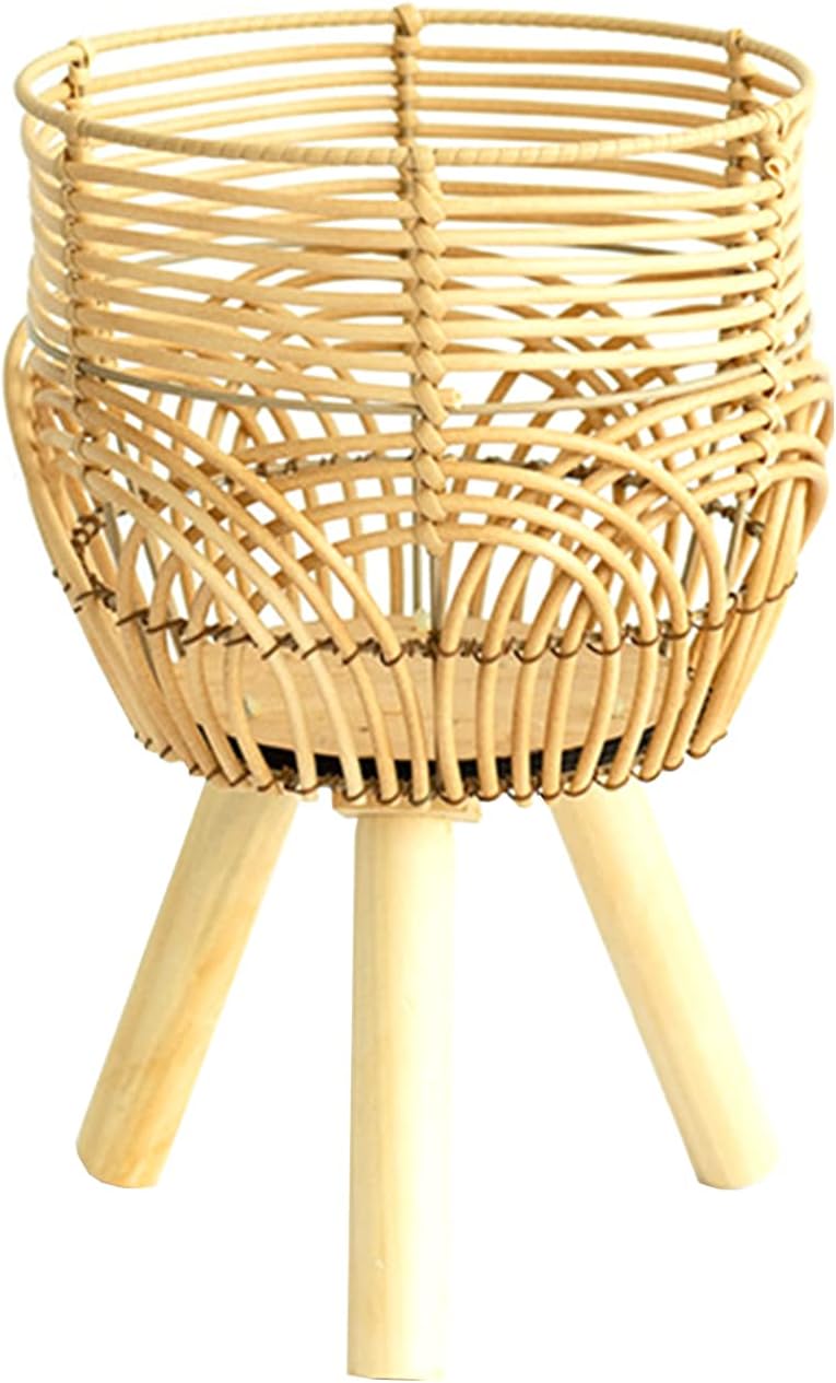 Bamboo Woven Plant Pot Stand with Wooden Legs Rattan Basket Flower Pots