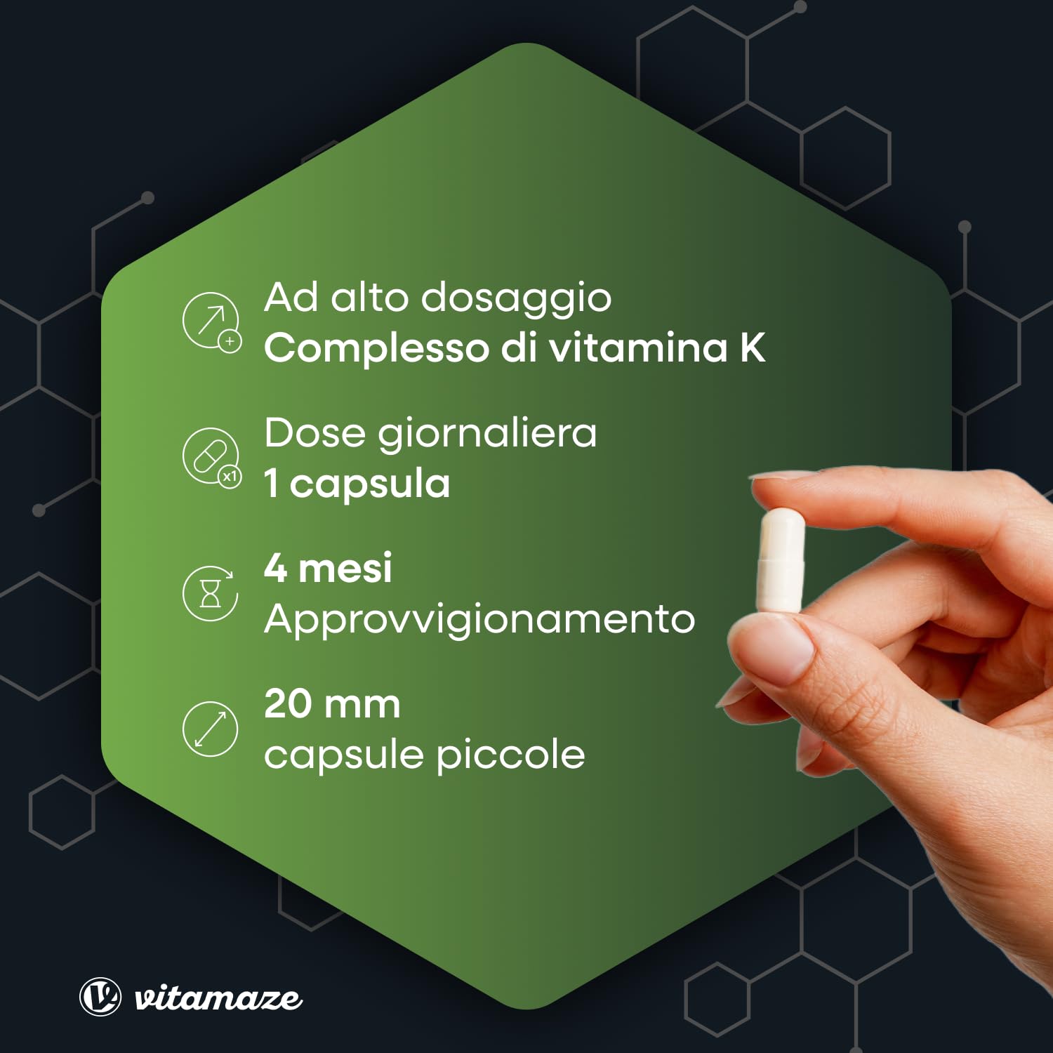 Vitamaze® Vitamina K Complesso 2200 mcg con Vitamina K2 MK7 + MK4 y Vitamina K1 Menachinone ad Alto Dosaggio e Vegan, 120 Capsule, Biodisponibilità Ottimale, senza Additivi. Qualitá Tedesca
