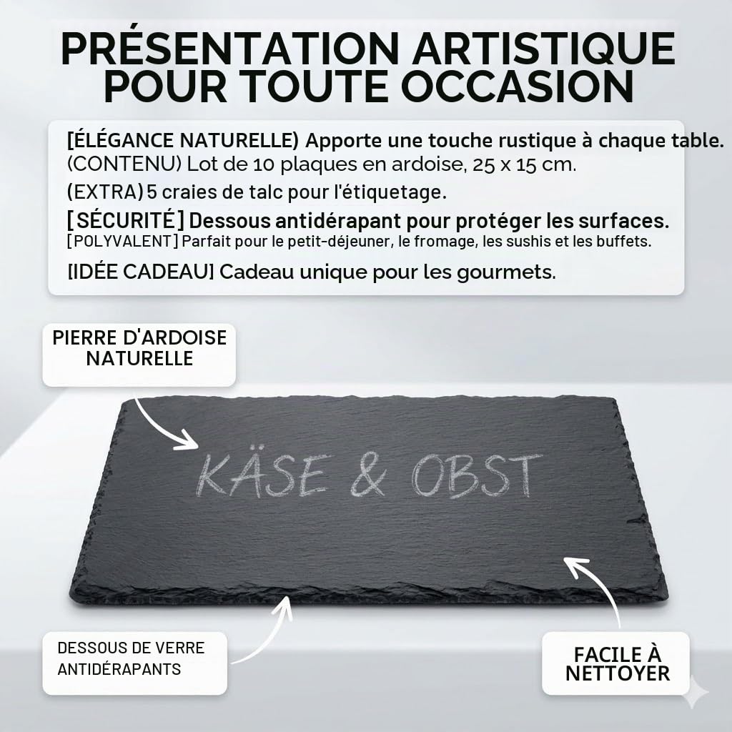 STARVAST Lot de 10 Plateaux en Ardoise Et 5 stylos de Talc, 25 x 15 cm, pour Servir et écrire, Buffet, Plateau de Service rectangulaire, Anthracite