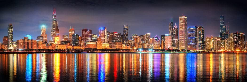 Chicago Skyline 2022 Night BORDERLESS UNFRAMED Photo Poster Print Color Downtown 11.75 inches x 36 inches Archival Photographic Panorama Picture