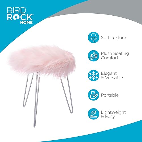 Miniatura 4 de BIRDROCK HOME Taburete otomano redondo de piel sintética con patas de horquilla blancas, acogedora y elegante silla de maquillaje con patas de