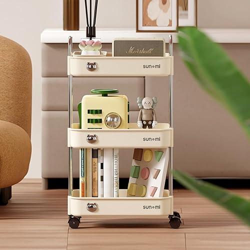 Miniatura 3 de Carrito utilitario rodante de 3 niveles, carritos de almacenamiento resistentes con cesta de almacenamiento de plástico y ruedas con cerradura,