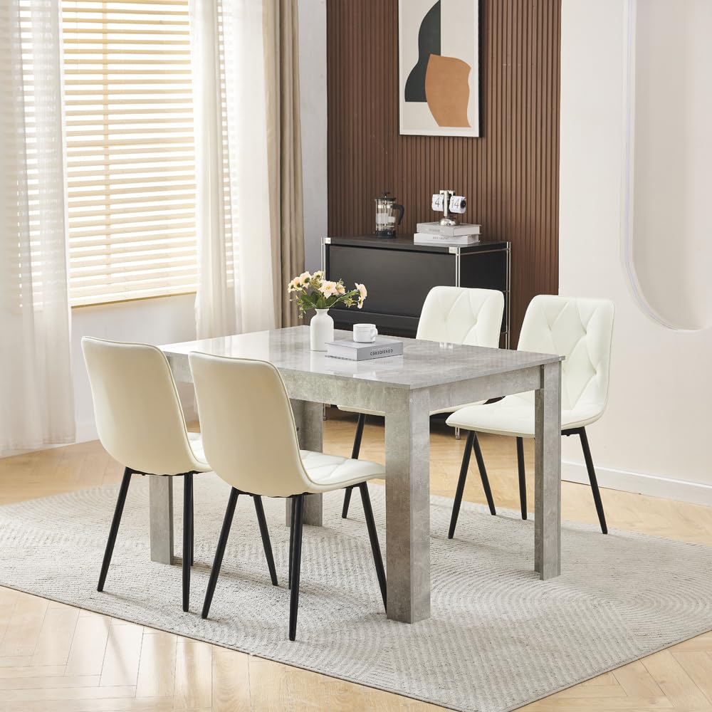 Homullel 5 Piece Dining Room Table and Chairs Set for Dining Room, Modern 120cm Grey High Gloss Dining Table with 4 Cream Leather Chairs for Family Dinner Set Space Saving