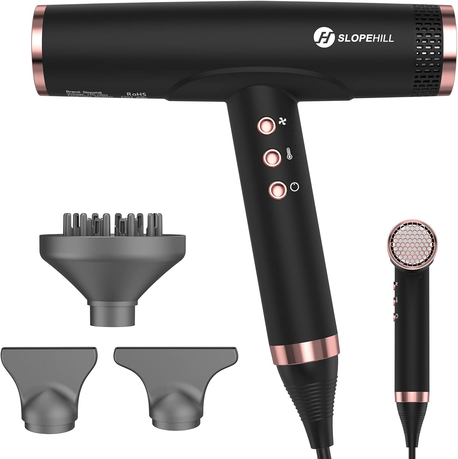 Ionen haardroger, 110.000 tpm, borstelloze motor, sneldrogend, föhn met magnetische diffuser, weinig lawaai, biokeramische technologie, voor thuis, reizen, salon (mat zwart)